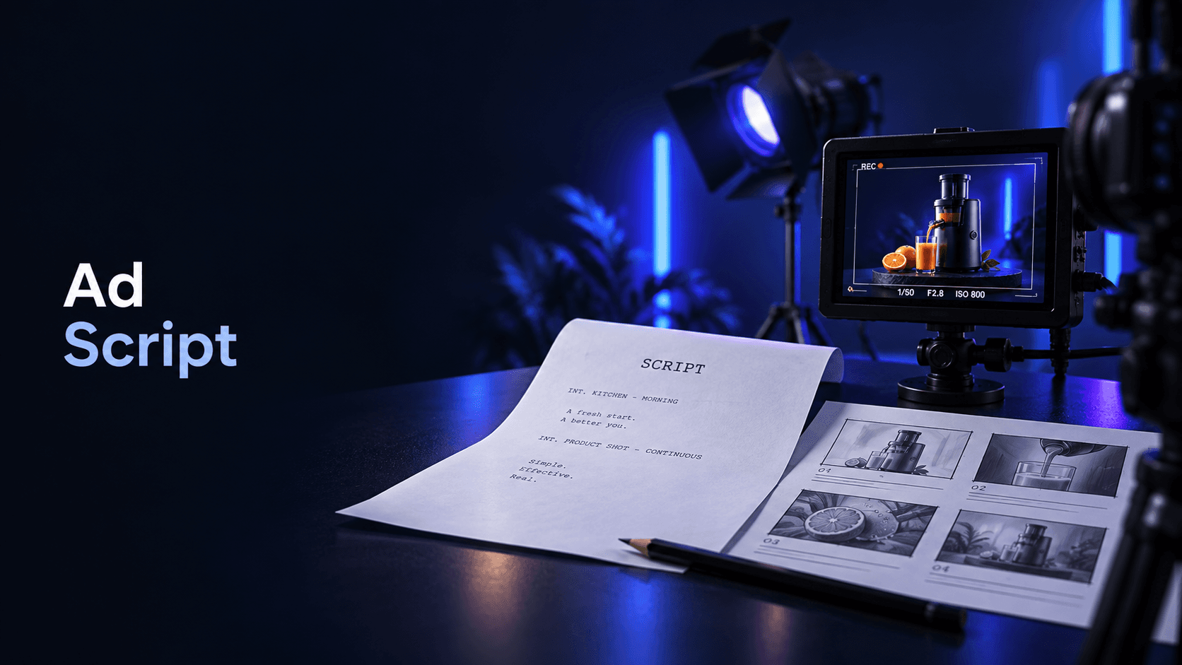 Sprokl Blog cover with an Ad Script label beside a premium script, storyboard, and video production scene.
