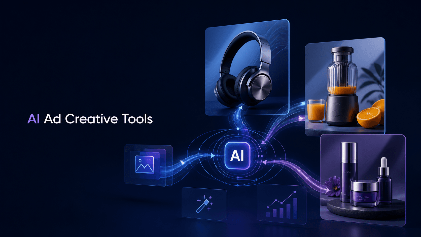 Editorial cover image showing an AI ad creative workflow from product assets to concepts, variations, and review.