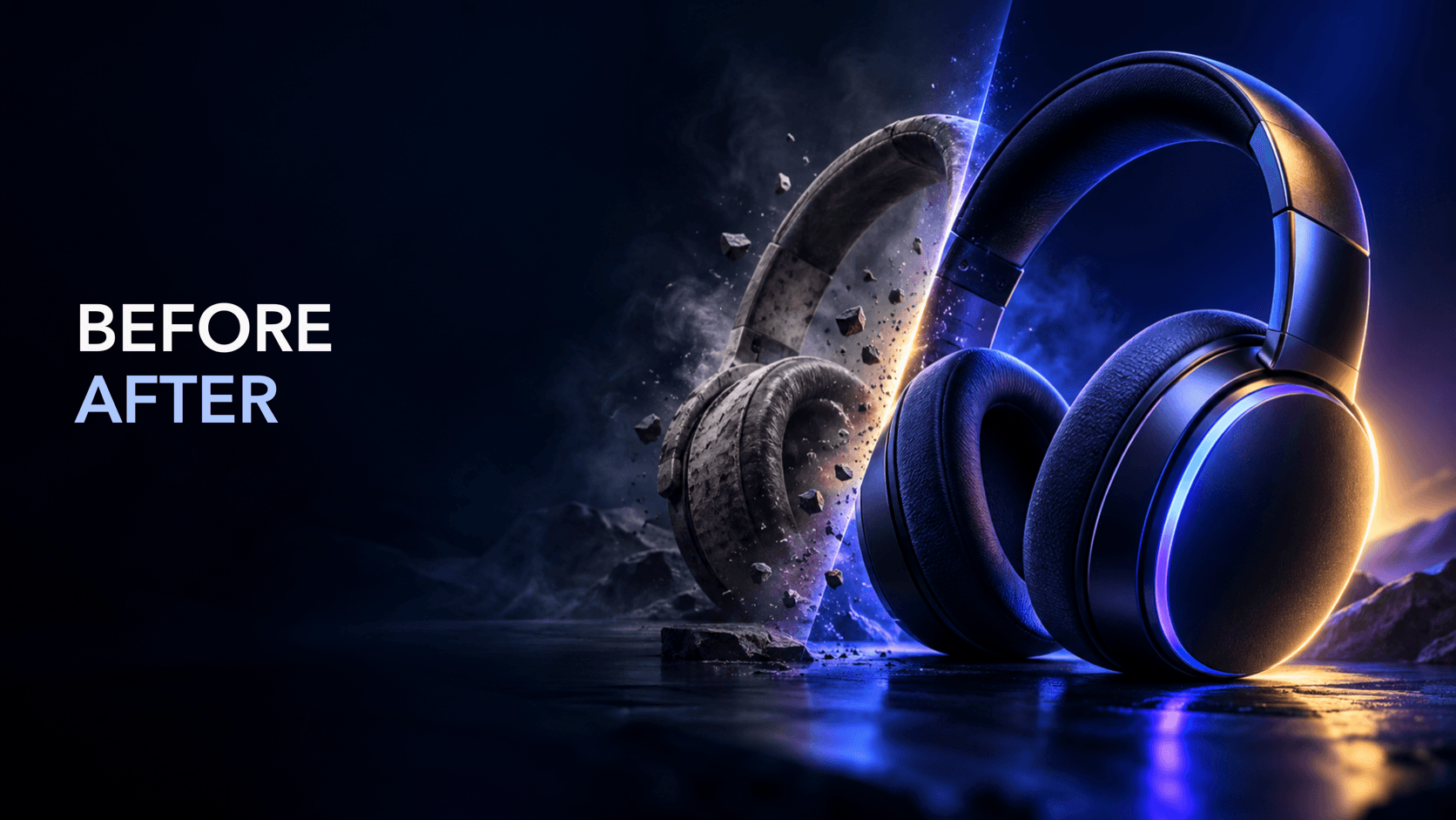 Premium over-ear headphones shown in a cinematic before-and-after advertising transformation with matched visual framing.