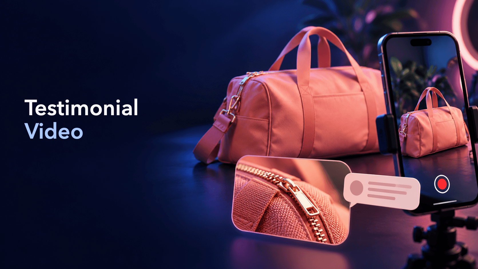 Sprokl Blog cover showing a coral travel bag beside a phone recording setup under the label Customer Testimonial Video.
