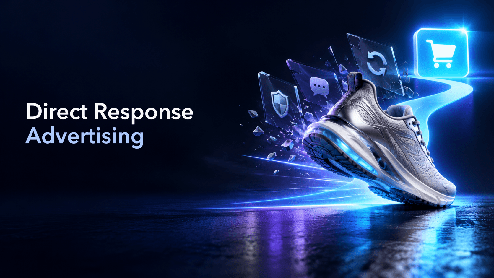Sprokl Blog cover showing a silver shoe moving along a cyan action path under the label Direct Response Advertising.