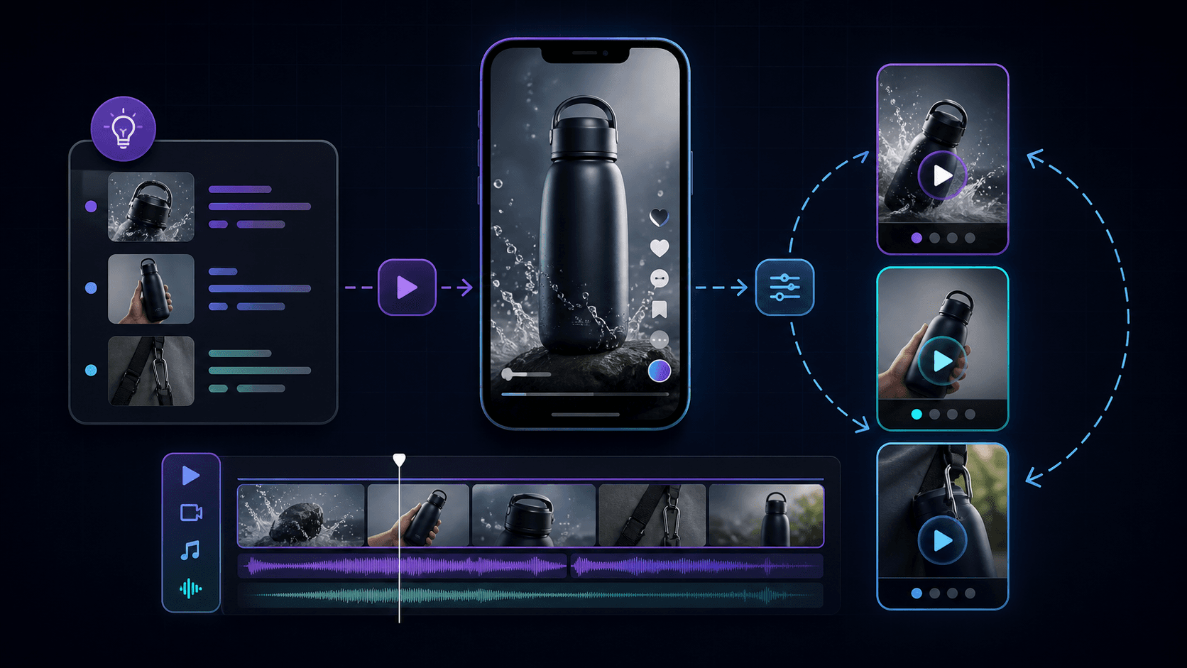 Dark editorial graphic about making TikTok videos with product examples and a phone mockup.