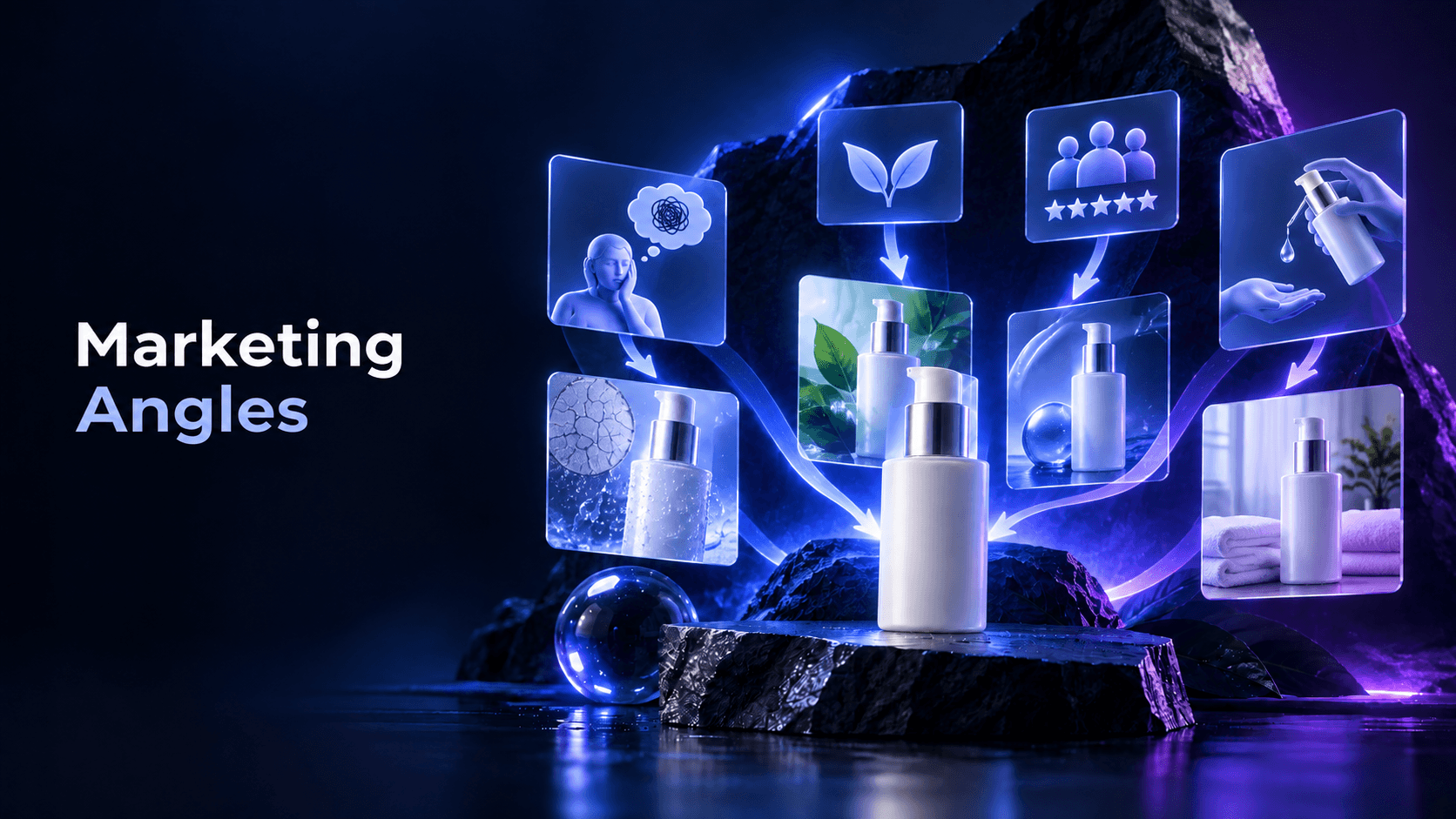 Sprokl Blog cover showing an ecommerce product connected to several luminous creative directions under the label Marketing Angles.