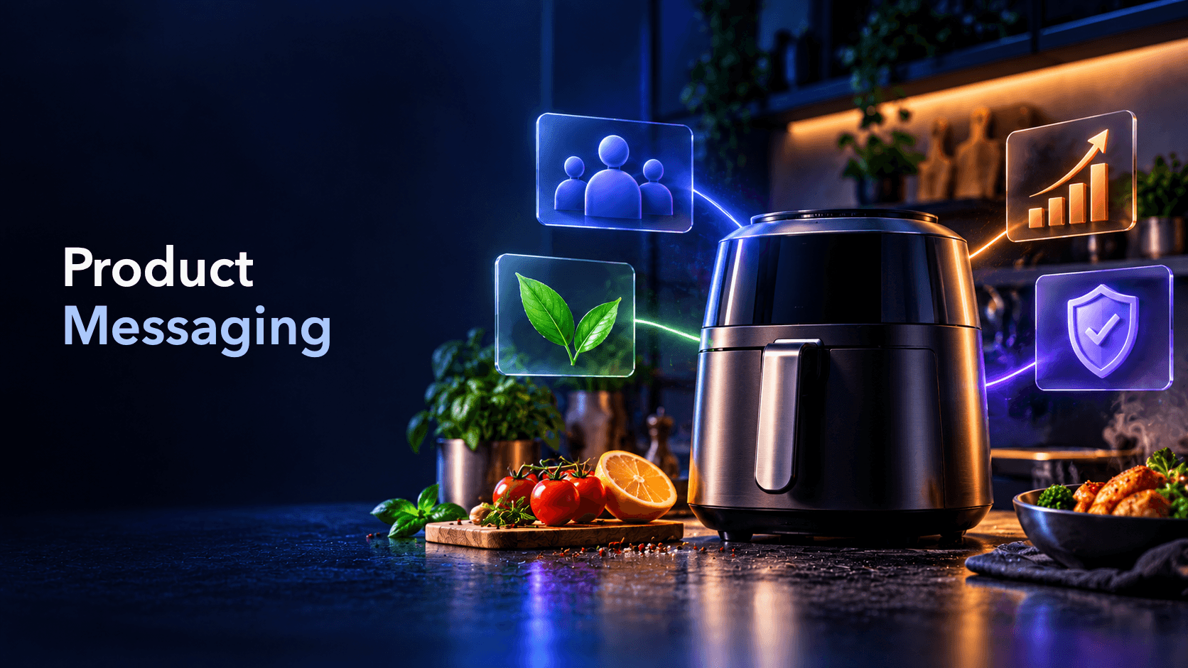 Sprokl Blog cover showing a modern kitchen appliance connected to visual signals for audience, benefits, differentiation, and proof under the label Product Messaging.