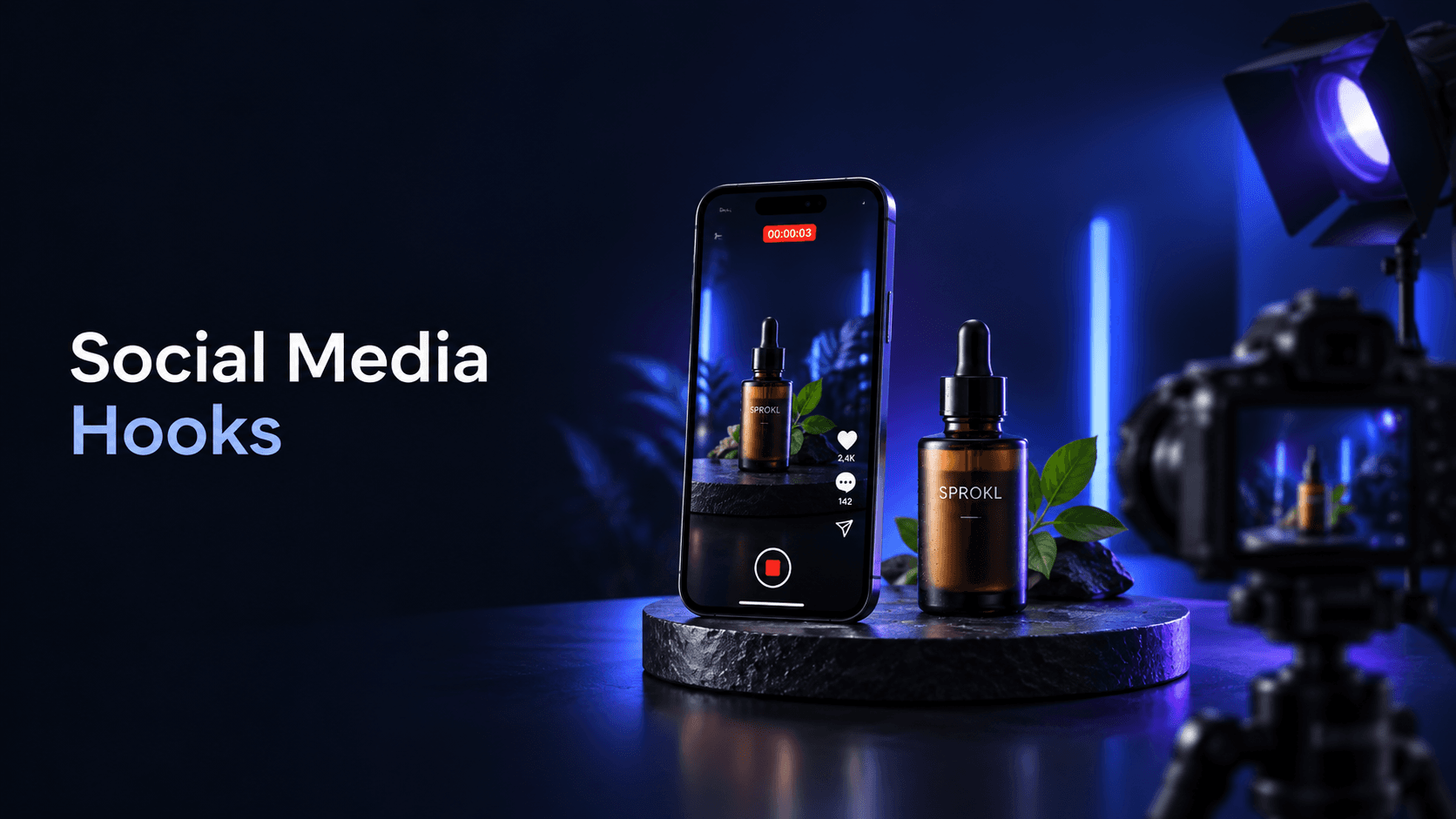 Sprokl Blog cover with a Social Media Hooks label beside a short-form video opening frame and product visual.
