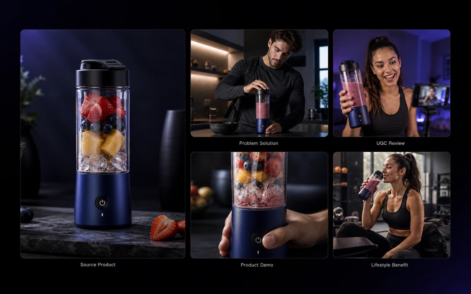 One portable blender shown as a source product beside four ecommerce ad directions