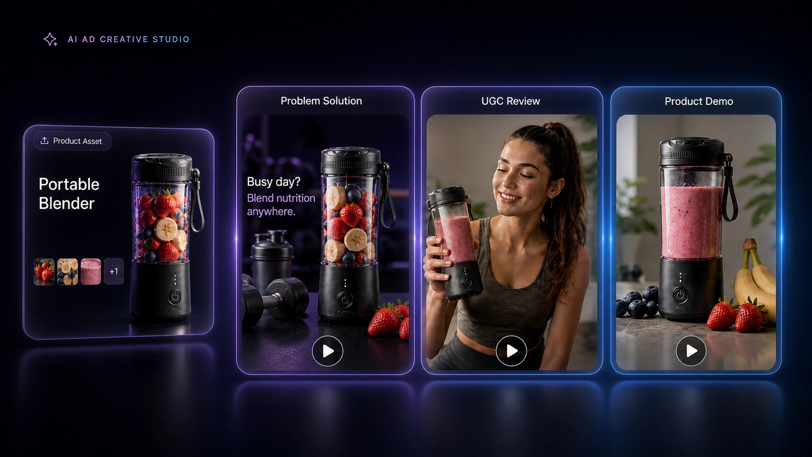 AI ad creative studio turning one portable blender product asset into three ecommerce ad variations