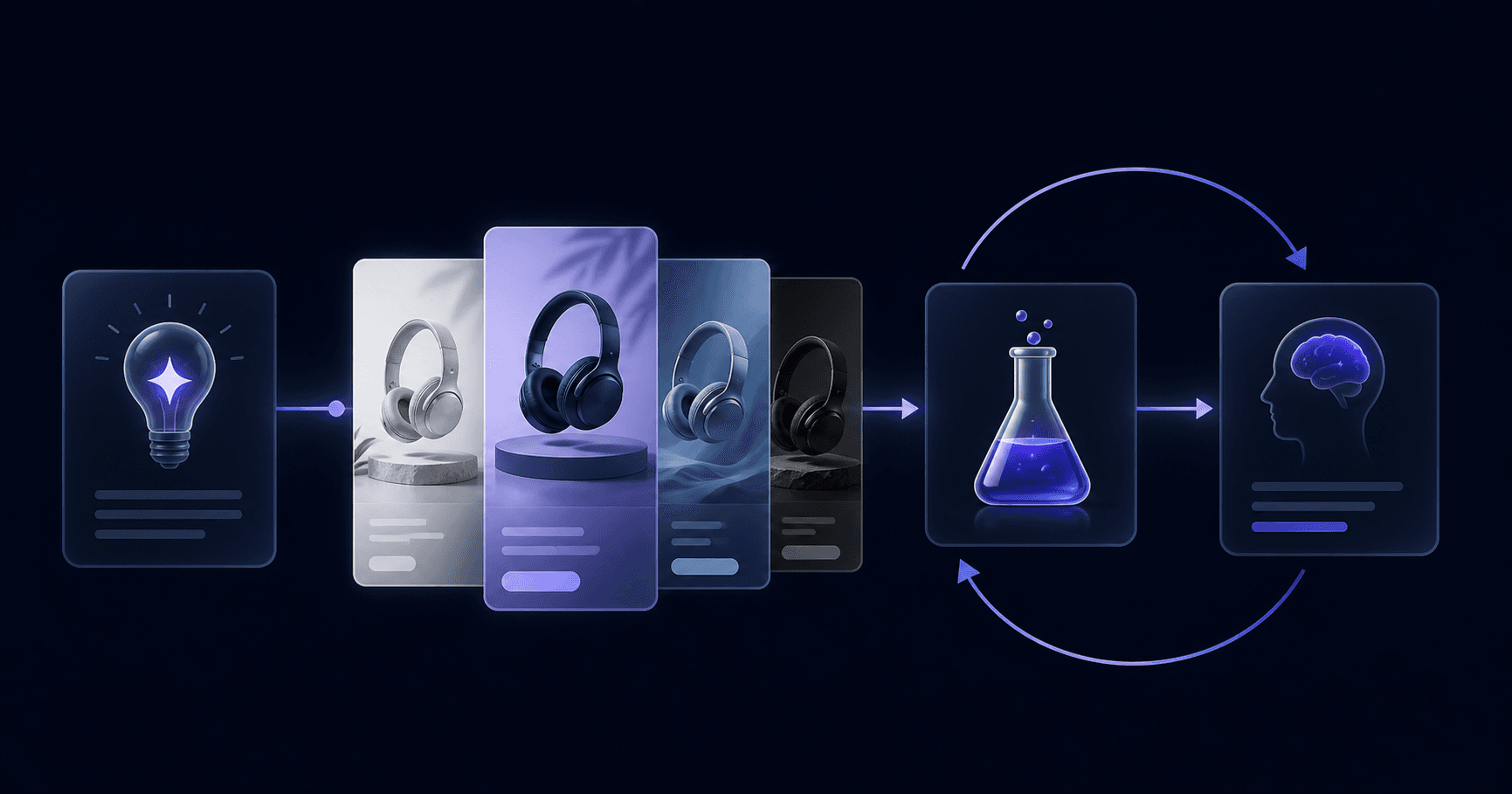 Creative testing framework showing ecommerce product assets becoming tested creative variations.