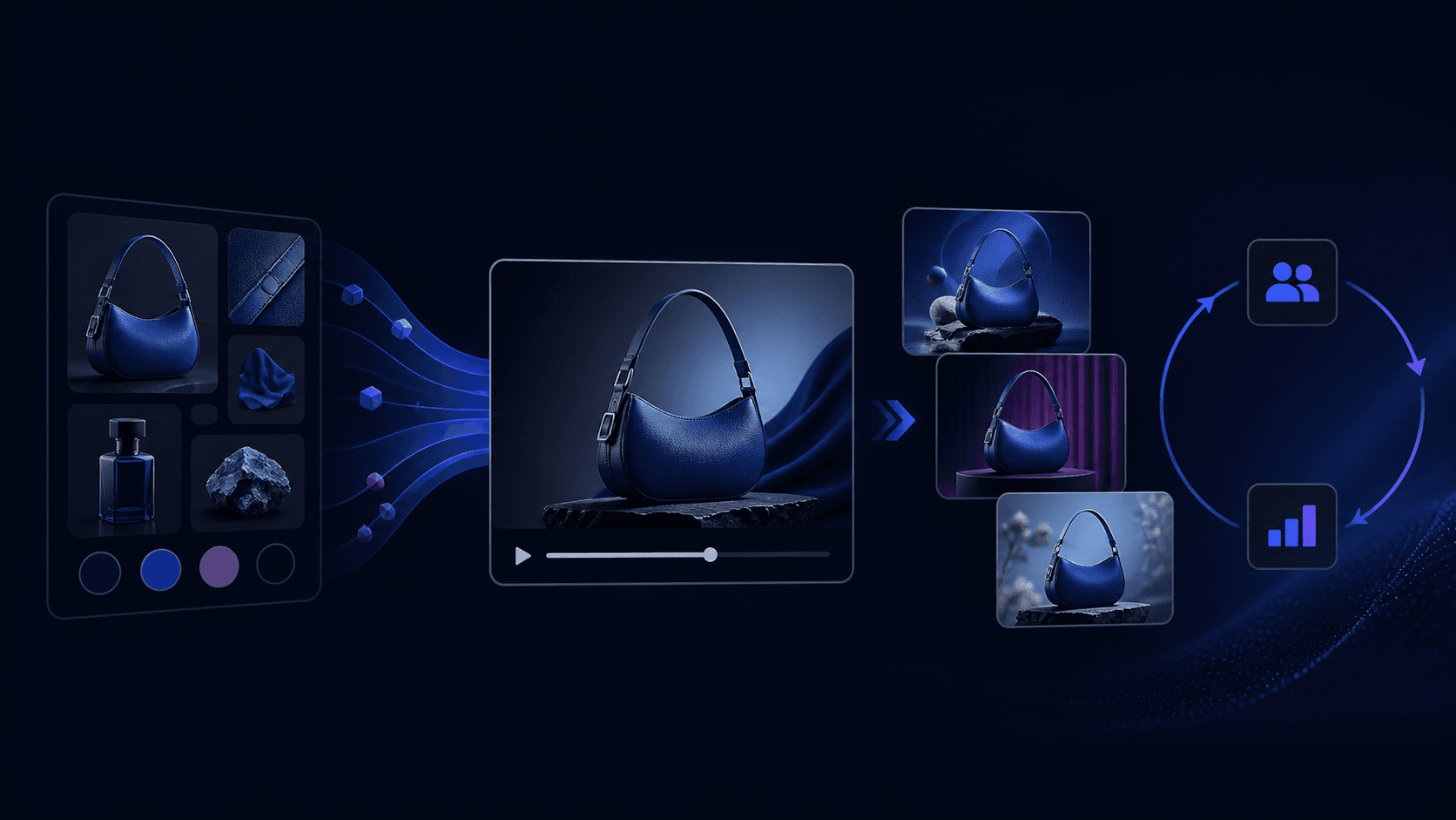 Product video advertising workflow from product assets to scripts, production, and video variations.