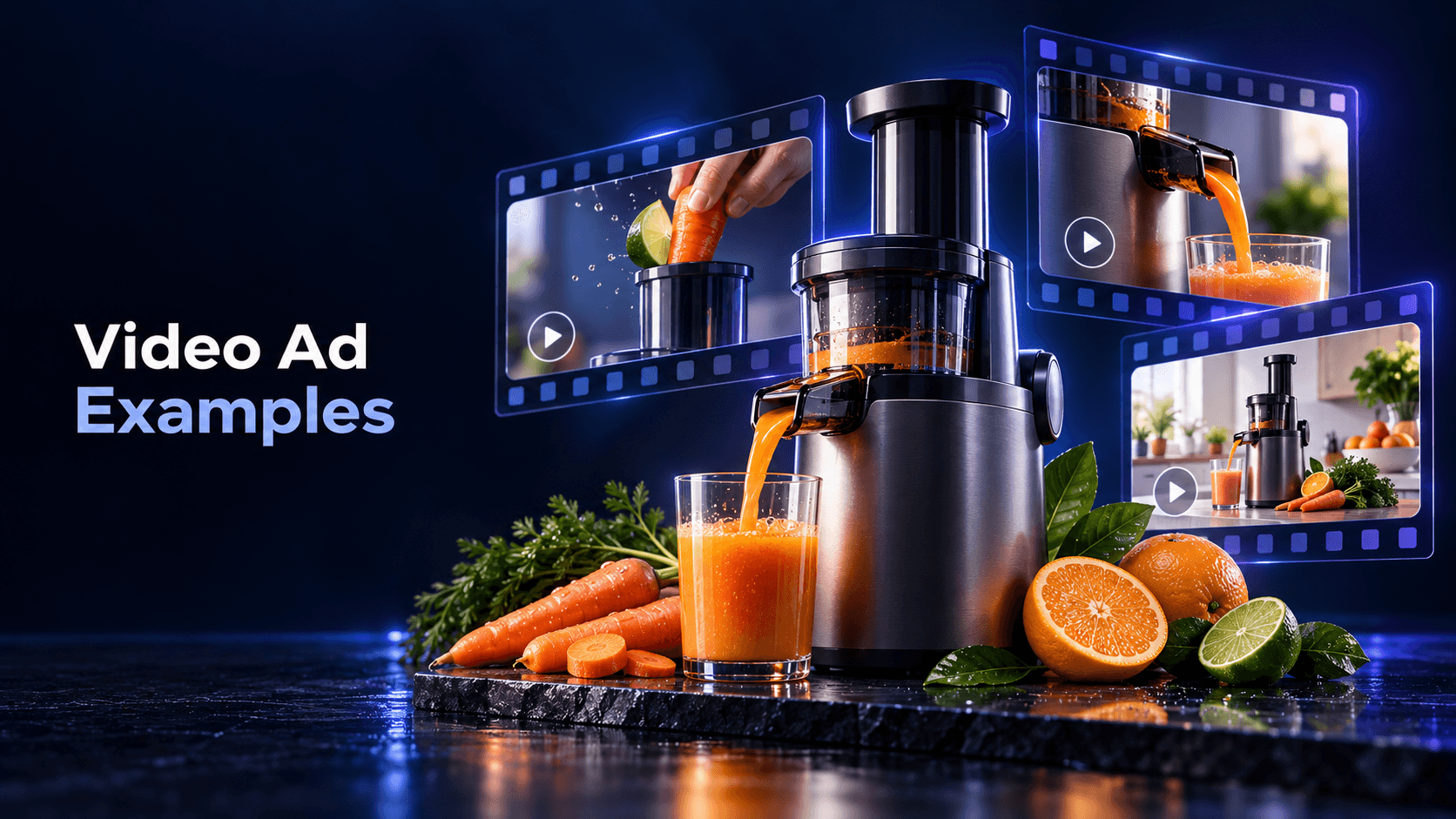 Sprokl Blog cover showing Video Ad Examples beside a graphite juicer, fresh produce, and cinematic video-ad frames.